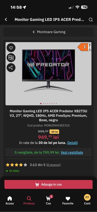 Acer Predator XB273U V3, WQHD, 27 inch IPS, hdr 180 hz