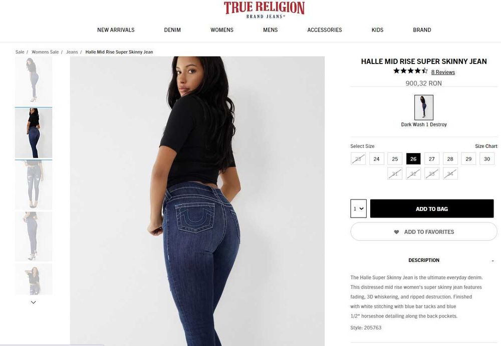 NOU! Blugi dama / skinny jeans True Religion Halle mid rise