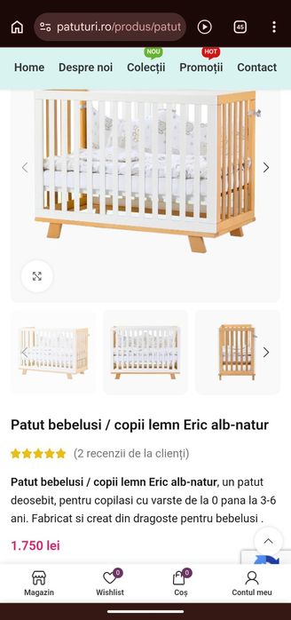 Pătuț bebeluși /copii din lemn masiv Marvis cu sistem de legănare