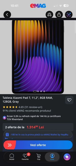 Tabletă Xiaomi Pad 7  CA NOUA(11.2", 8GB RAM, 128GB, Snapdragon 7+ Gen 3) Gray, Garantie Emag August 2028