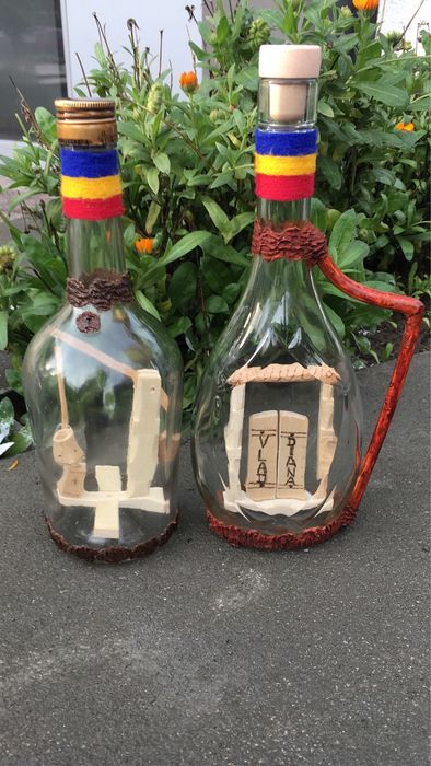 Sticle handmade port popular, sculptura lemn  Cu dedicatii Cadou!