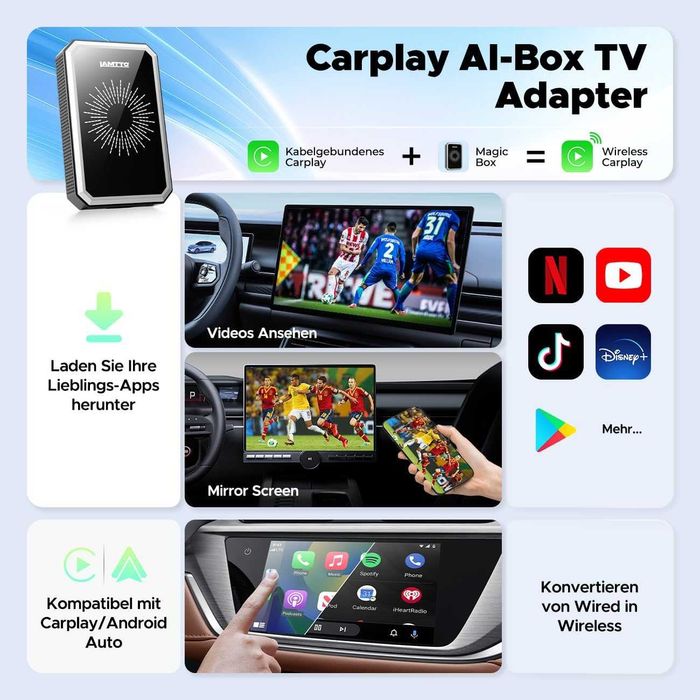 Adaptor CarPlay wireless Magic AI Box 3 în 1 video YouTube Netflix