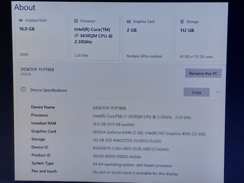 Laptop Asus i7 3610QM 2,3/3,3Ghz, 16GB, 120GB, Nvidia 610M 2GB, BATERIE 6H, Win 10 Office 2010