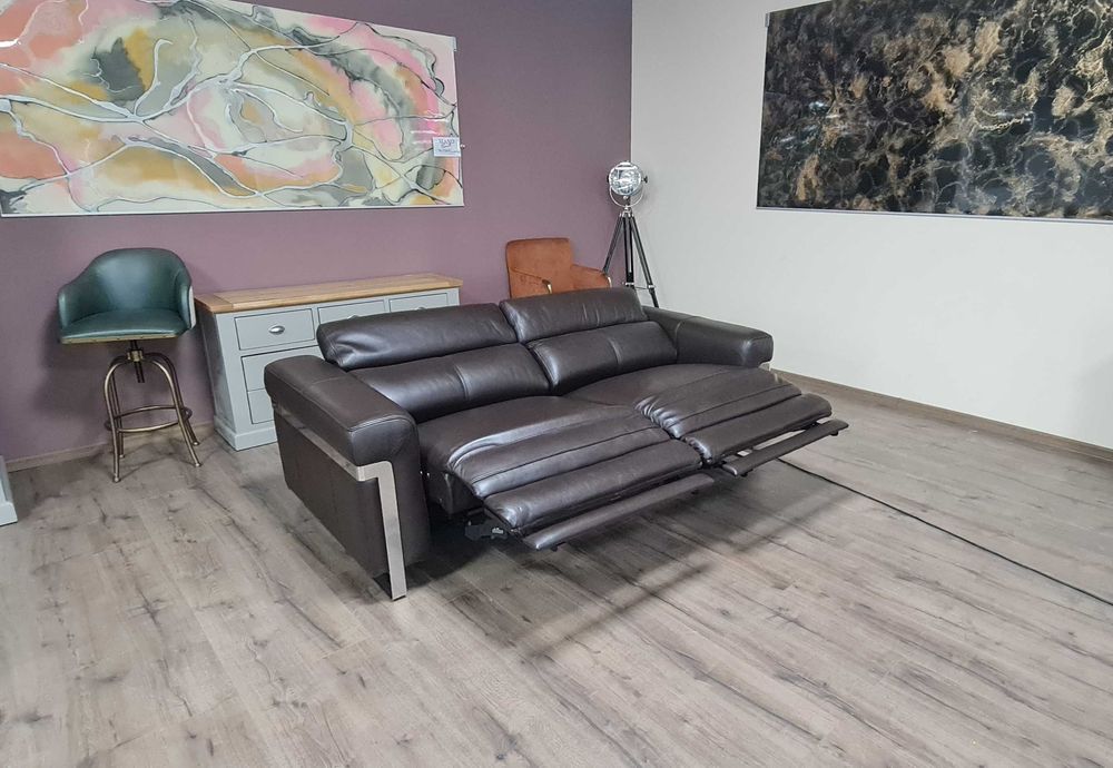 Тъмно кафяв кожен диван тройка "Moreno" с ел. релакс механизъм