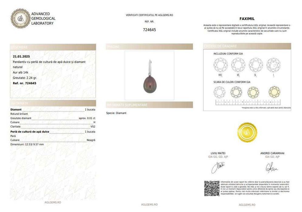 Pandantiv din aur alb, decorat cu perlă neagră și diamant