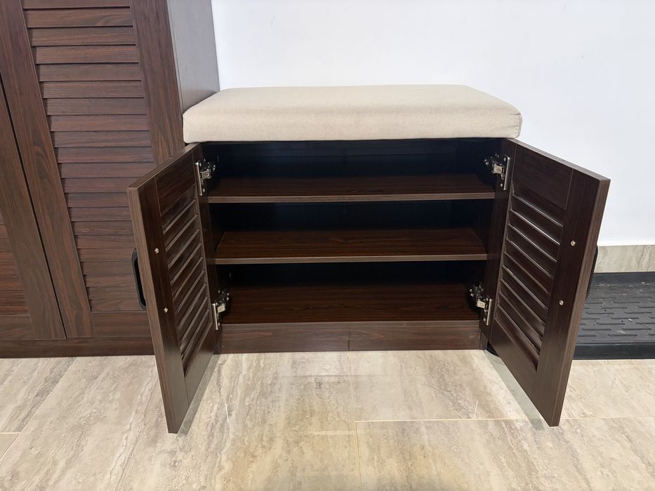 Dulap pantofi, en.casa, PXAT-2235 Loten, 97 x 120 x 36 cm, mdf, wenge, cu 9 rafturi si banca