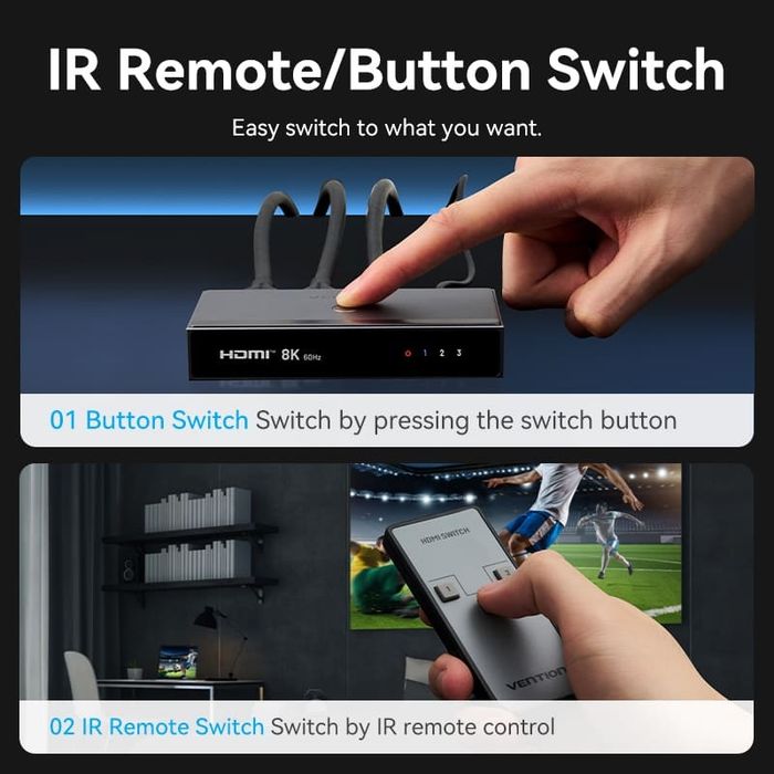 Vention HDMI 2.1 Splitter Switch 8K 60Hz 3 In 1 Out – TV, Xbox, PS5, Set Top Box, Monitor
