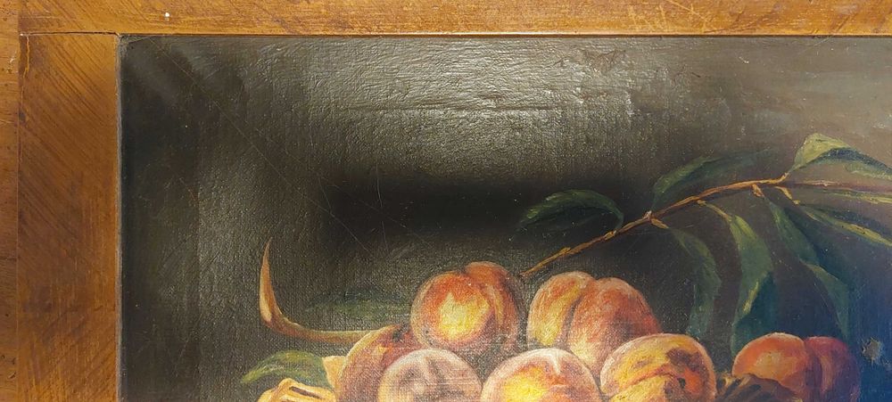 Pictură veche – Natură moartă cu piersici – Ulei pe pânză de epocă (Începutul sec. XX)