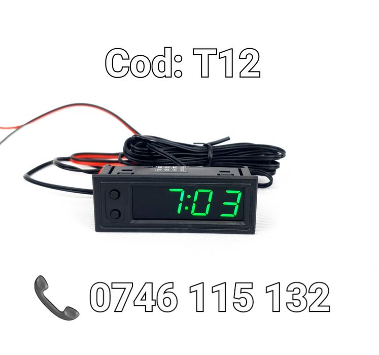 Modul Electronic Digital 4 în 1 – Voltmetru + Termometru + Ceas – Afișează Tensiunea Acumulatorului, Temperatura Interioară și Exterioară, Ora – T12