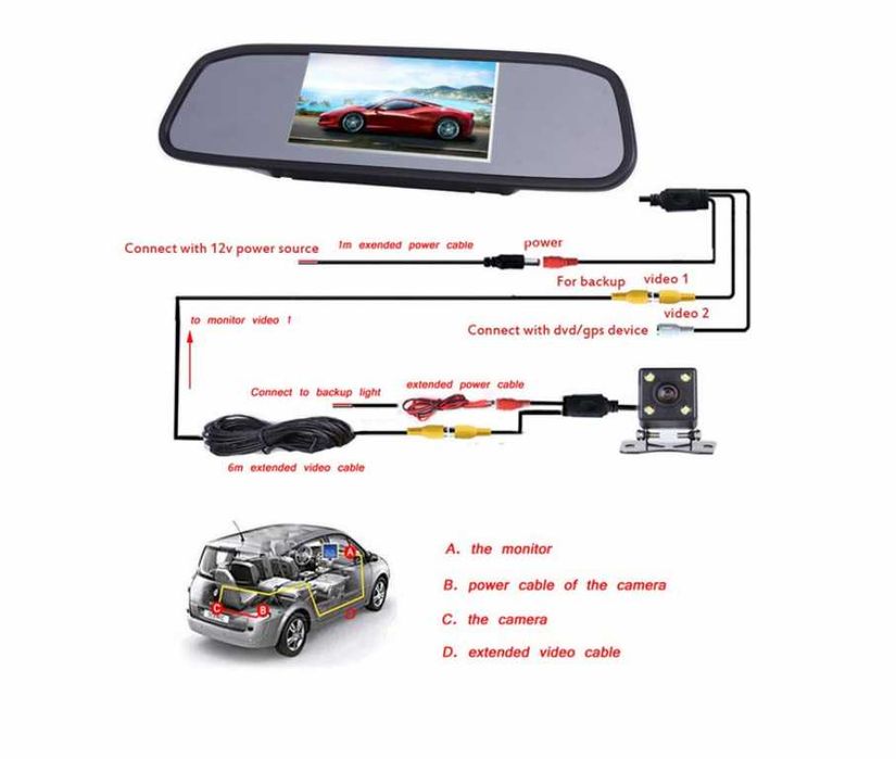 Огледало за обратно виждане с 4,3 инчов дисплей и камера за заден ход.