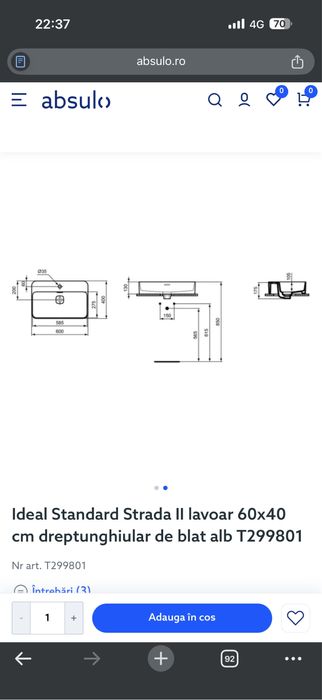 Lavoar pe blat Ideal Standard Strada II 60x40 cm