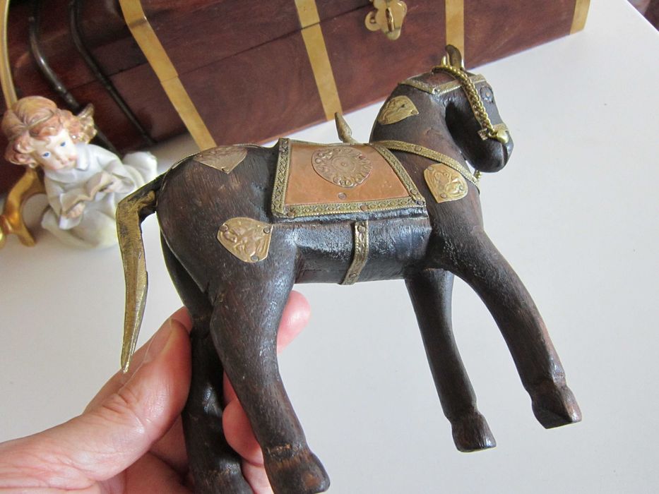 cadou rar Craciun Cal Căluț antic vintage lemn alama bronz cupru