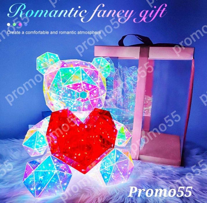 Светещо Мече със Сърце 3D в Луксозна Кутия с Панделка