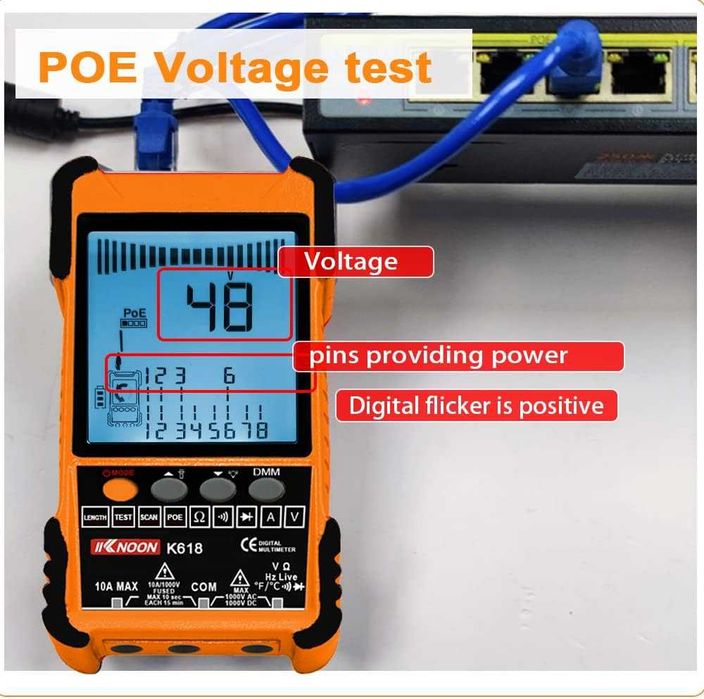 Tester Cablu Retea POE RJ45 cu Multimetru Digital LCD Masurare Lungime 600m Scanare Anti-Interfete 3 ID Pairing Test Voltaj Curent Temperatura Lan