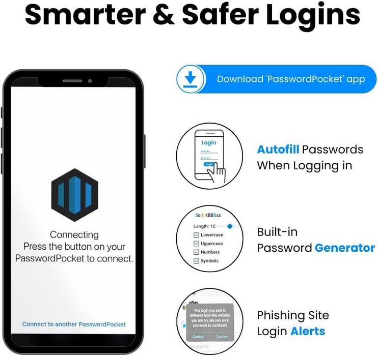 Хардуерен мениджър за пароли PasswordPocket Bluetooth криптиран