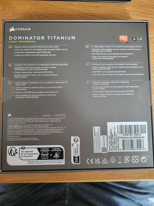 РАМ памет Corsair Dominator Titanium RGB 2x32 64GB 6000MHz EXPO/XMP