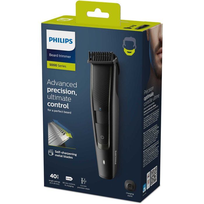 Aparat de tuns barba PHILIPS BT5515/20, Lame din otel inoxidabil 0.4-20mm, utilizare cu si fara fir, 90 min, 2 piepteni, suport de incarcare, Negru