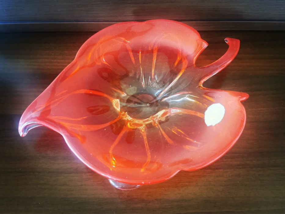 Антикварна купа фруктиера  ръчна изработка духано цветно стъкло листо