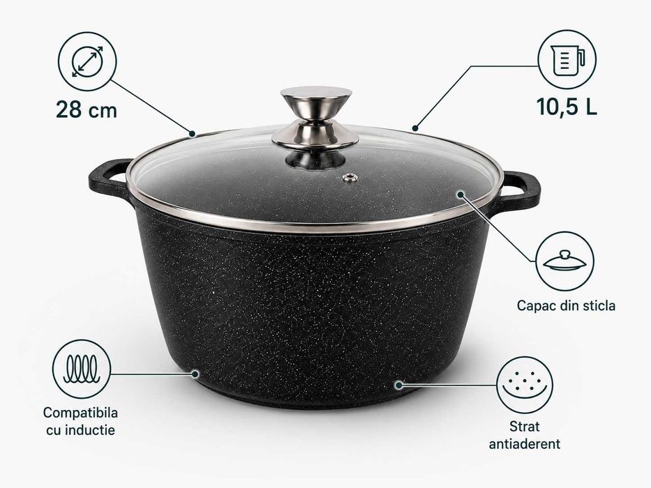 Oala marmorata 28 cm 10,5 L cu capac din sticla