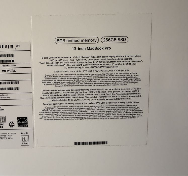 MacBook Pro 13” M2 2022, 256GB SSD, 8GB RAM, Space Gray