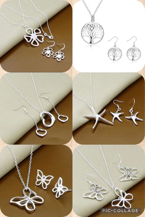 Нови!!! Сребърни комплекти - обеци с колие и висулка, 100% сребро