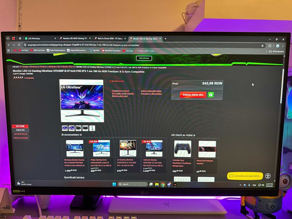 Monitor LED LG Gaming UltraGear 27GS60F-B 27 inch FHD IPS 1 ms 180 Hz HDR FreeSync & G-Sync