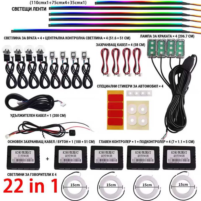 RAINBOW LED амбиентно осветление за автомобили с RGB 256 цвята, 22 в 1