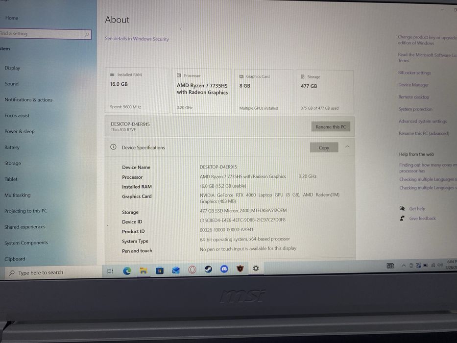 Laptop gaming MSI Thin A15 B7VF Ryzen 7 7735HS RTX 4060 8GB 512GB SSD