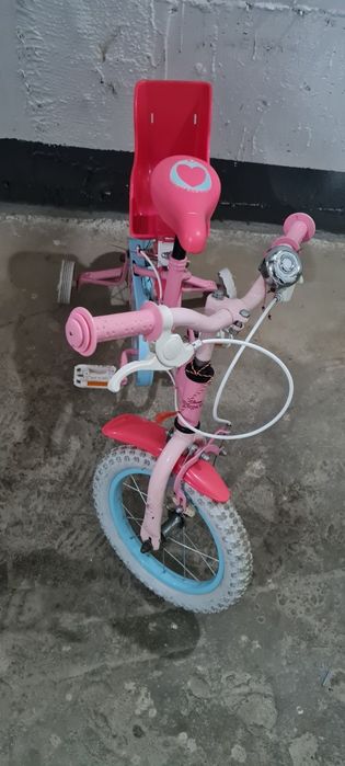 Bicicleta copii cu roți ajutătoare,  scăunel păpușică în spate,  claxon , roți 14" inch, prima utilizare  ,400 Lei