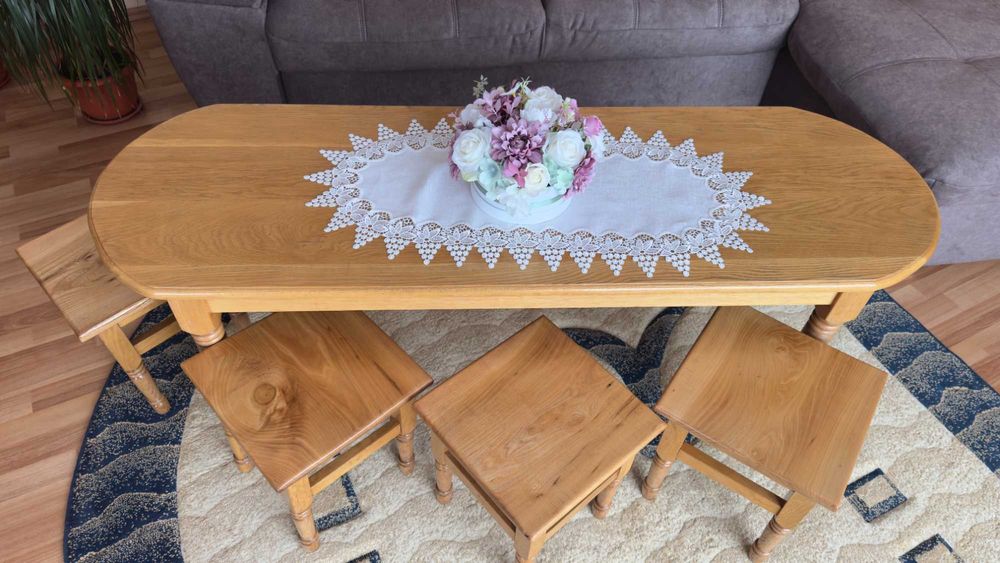 vand masa living cafea cu scaune din lemn masiv stejar