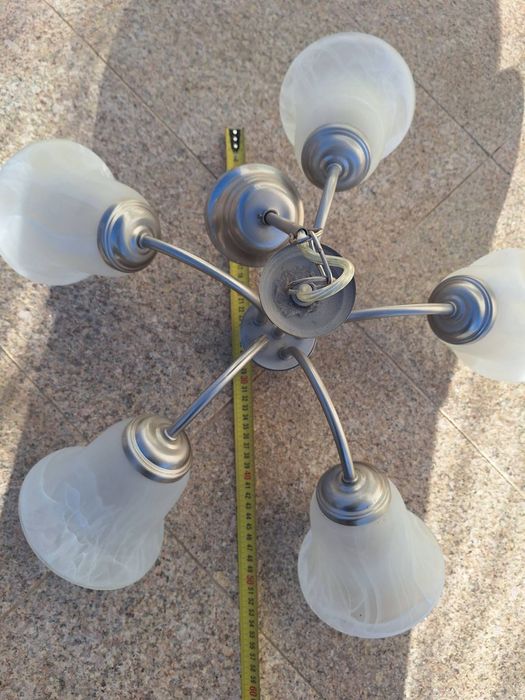 Полилей, 5 разклонения, цвят пепел, бял стъклен абажур