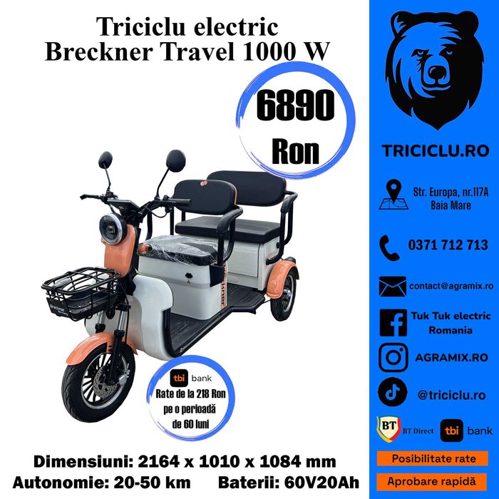 Tuk-tuk BRECKNER TRAVEL-2 triciclu electric cu CIV fara permis Agramix