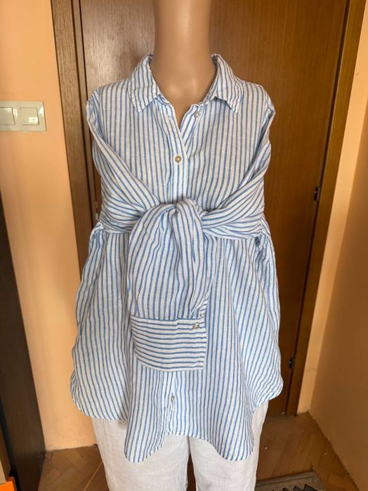 Ленена риза H&M райе синьо и бяло, размер  L/XL