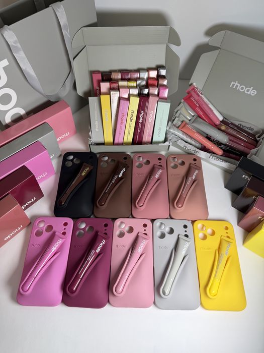 Rhode калъф + Rhode гланц за iPhone | Rhode Lip Case + Lip Gloss оригинални + Peptide Lip Tint Treatment всички модели и цветове налични iPhone 18 Pro