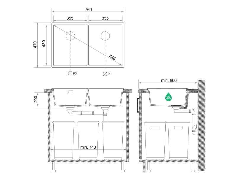 Сив гранитна мивка с две корита за вграж Лондон 80 Twin 760 x 470 мм