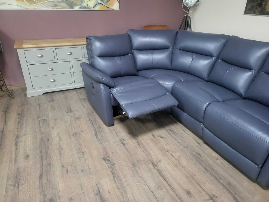 ПРОМОЦИЯ!!! Син кожен ъглов диван "Albion" с ел. релакс механизъм