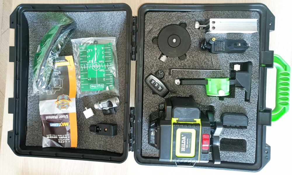 Set Nivela laser profesionala HILDA 4D 16 linii, laser verde 2 baterii