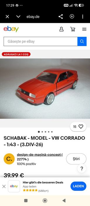 Machetă auto rară VW Corrado G60 la scara 1/43, fabricată de Schabak