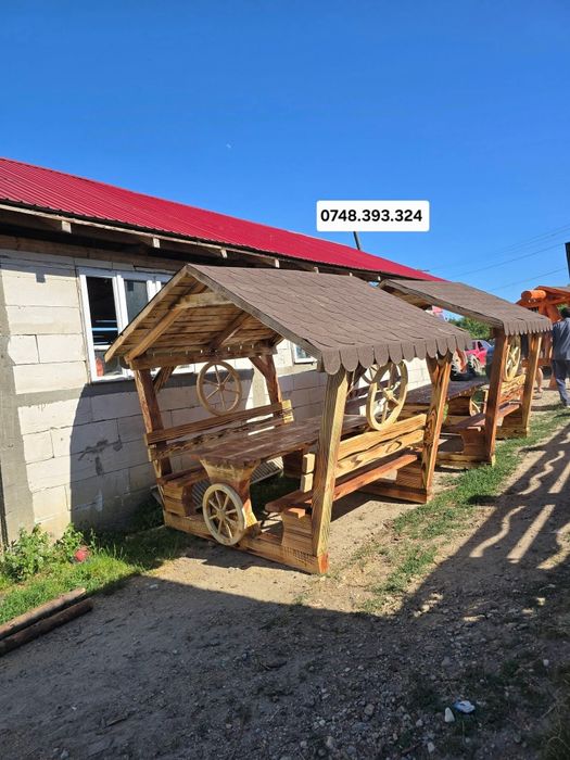 Foisor rustic  din lemn masiv terasa  masă  cu băncuțe