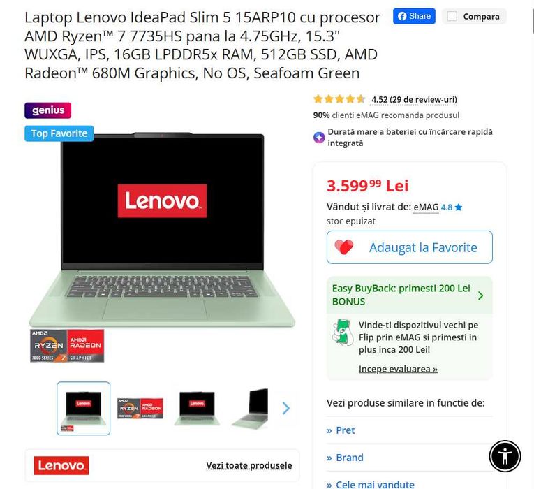 Laptop Lenovo 15ARP10, Ryzen 7, display 15,3, 16 GB DDR5, 1 TB SSD, slim, 14 cicluri