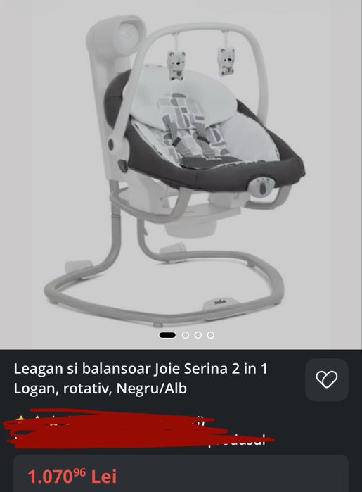 Leagan si balansoar Joie Serina 2 in 1 Logan, rotativ, Negru/Alb