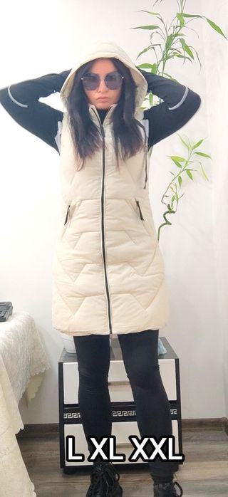 РАЗПРОДАЖБА Дамски дълъг елек - грейка с качулка L XL XXL Удобен! Прак
