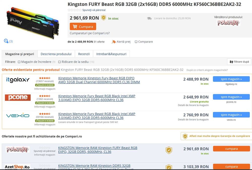 Memorii Kingston FURY Beast RGB 32GB (2x16GB) DDR5 6000MT CL36 Dual Channel