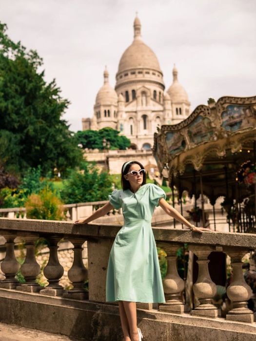 Rochie din in midi de vară culoare verde mentă cu guler peter pan