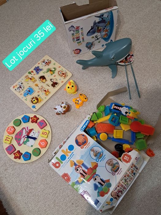 Lot joc atacul rechinului, puzzle incastru animale, puzzle ceas culori forme geometrice, cuburi construcție