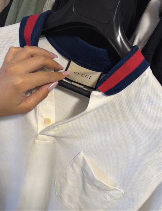 Gucci Polo alb original, guler Web roșu/albastru, mărimea L