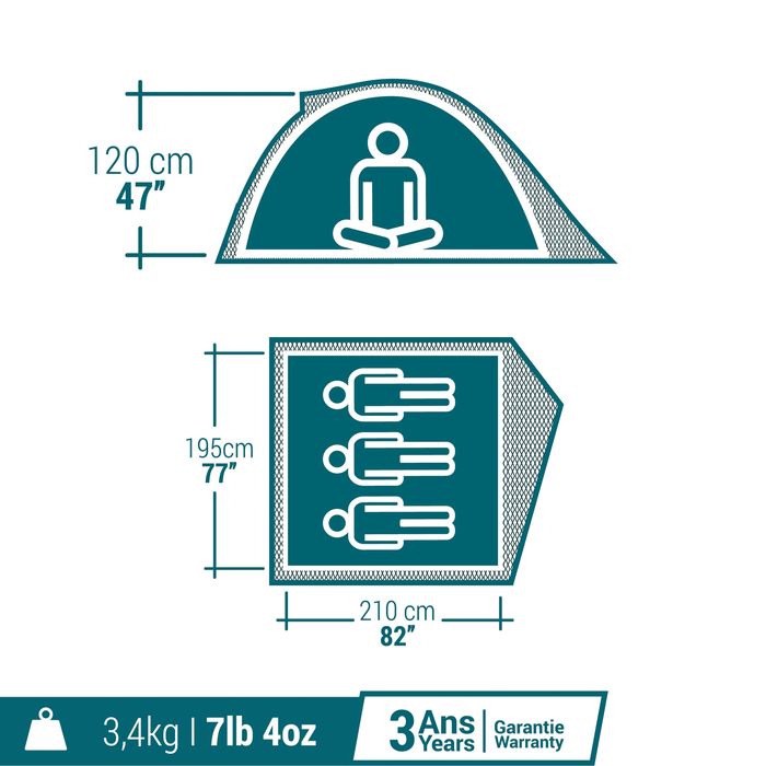 Cort de camping 3 locuri, Mh100 gri - No - produs resigilat Decathlon