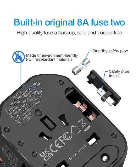 6в1 Универсален адаптер за пътуване UK, US, EU | 2 USB A + USB C