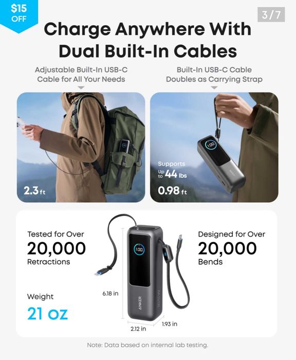 Anker Laptop Power Bank (25K, 165W, Built-In Cables)