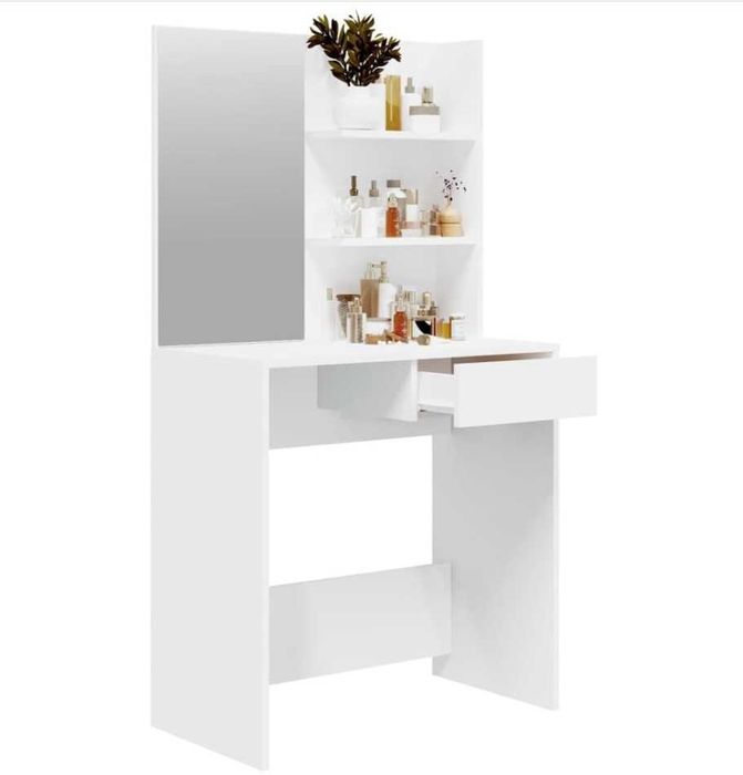 Маса за тоалетка с 3 рафта и чекмедже, с огледало, бяла, 75x40x136см